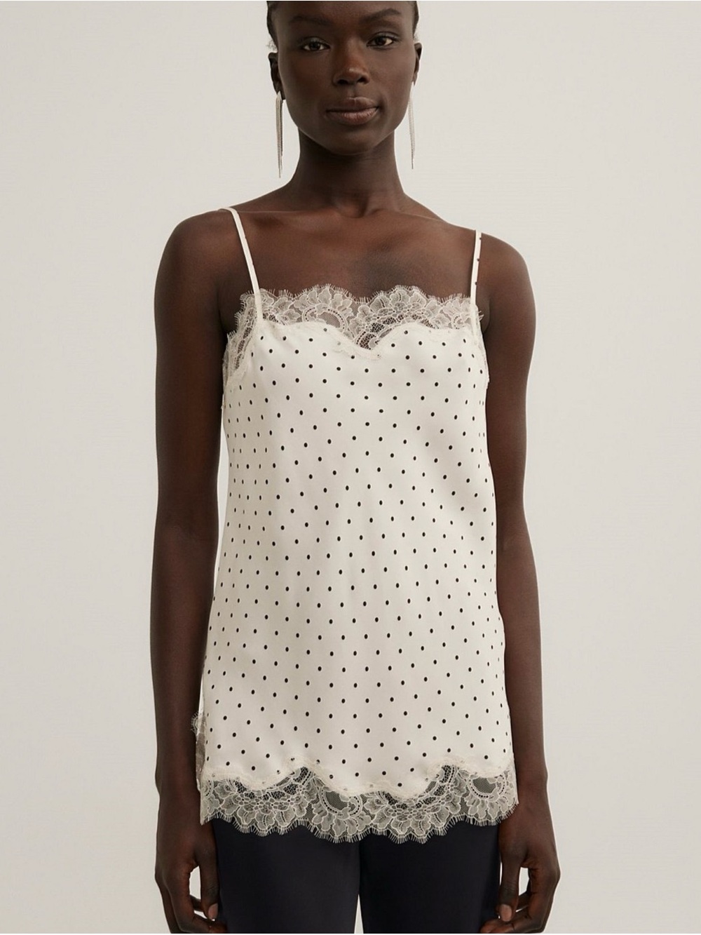 White Polka Dot Lace Trim Cami Top